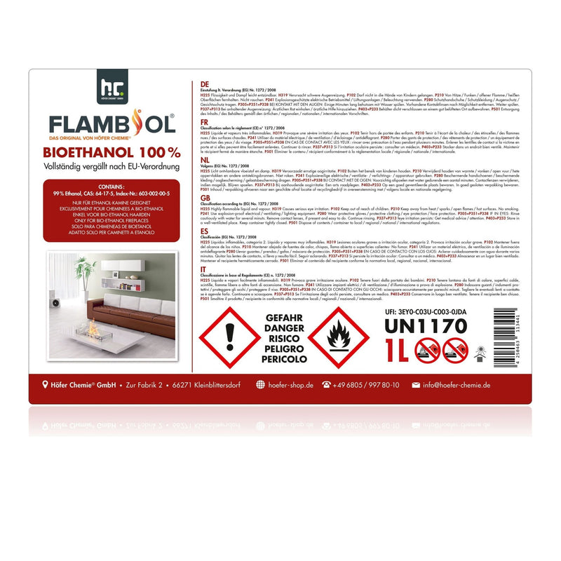 1 L FLAMBIOL® Bioethanol Hochrein 100 % in Flaschen für Edelstahl - Tisch - Kamine - Höfer Chemie GmbH