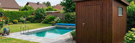Ein Pool im Garten mit Gartenhaus