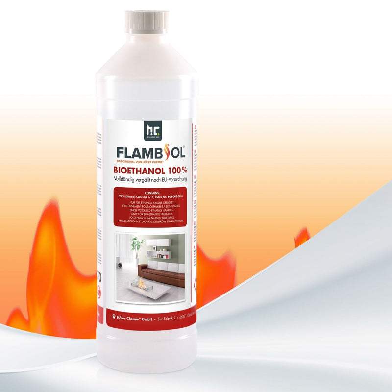 1 L FLAMBIOL® Bioethanol Hochrein 100 % in Flaschen für Edelstahl - Tisch - Kamine - Höfer Chemie GmbH