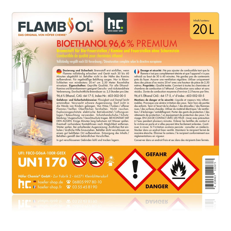 20 L FLAMBIOL® Bioethanol 96,6% Premium für Ethanolkamin in Kanistern - Höfer Chemie GmbH