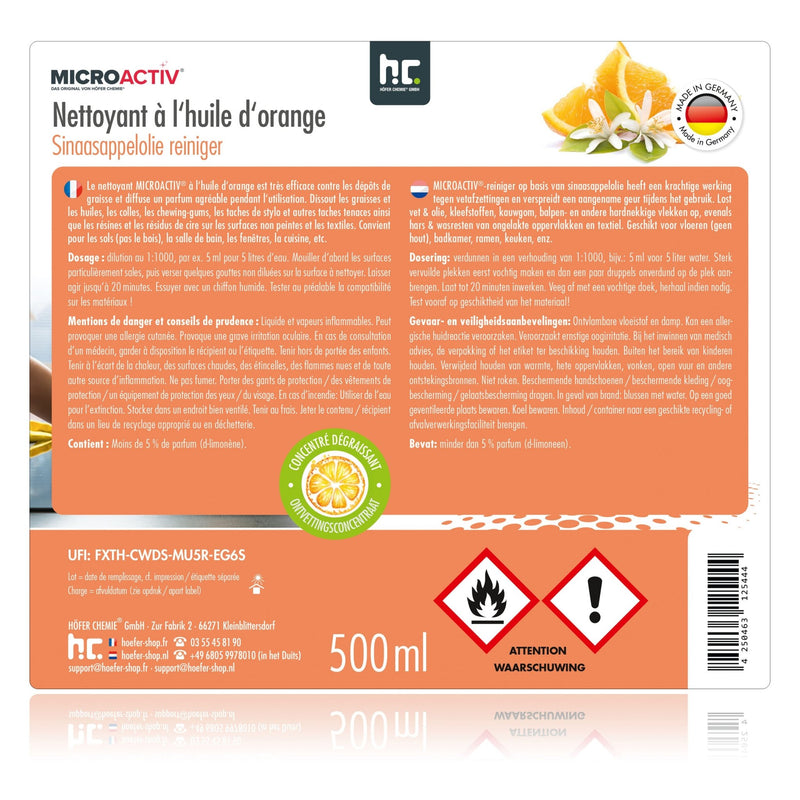 500 ml Microactiv® Orangenöl Reiniger Konzentrat in Flasche - Höfer Chemie GmbH
