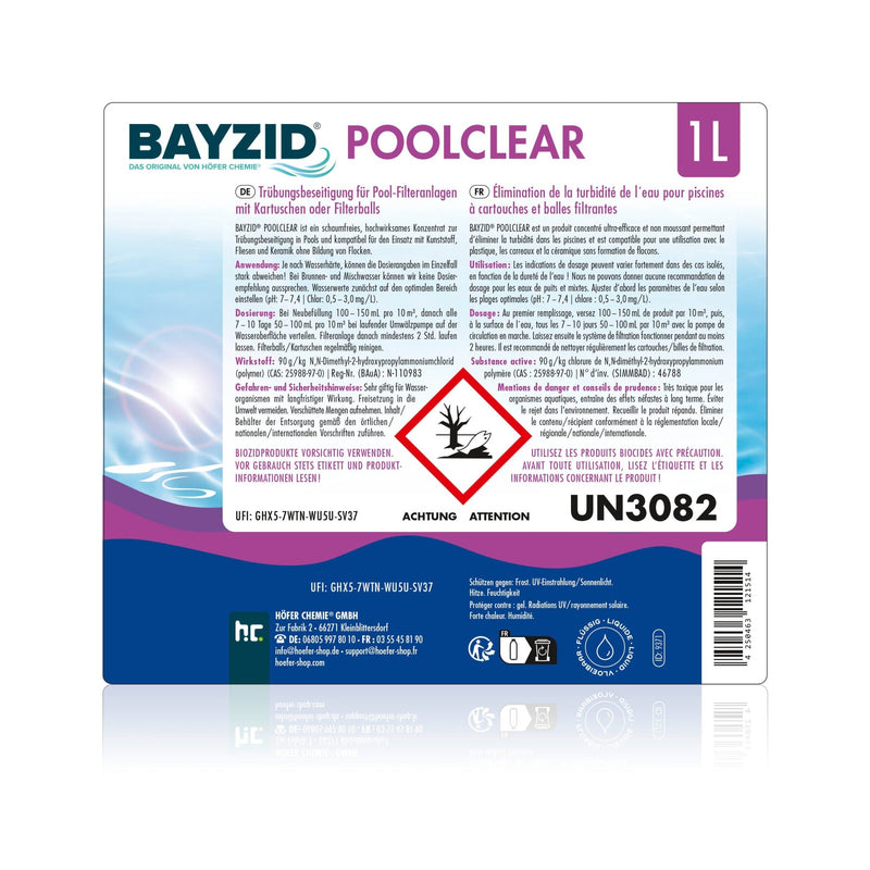 1 L BAYZID® Poolclear - Trübungsbeseitigung für Pool-Filter mit Kartuschen & Filterballs - Höfer Chemie GmbH