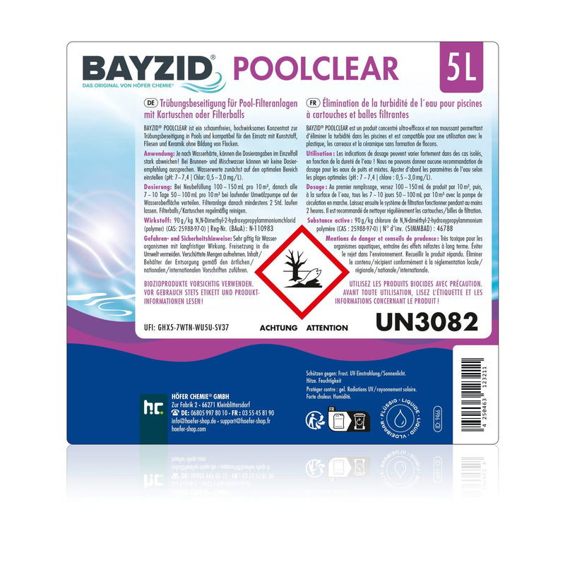 5 L BAYZID® Poolclear - Trübungsbeseitigung für Pool-Filter mit Kartuschen & Filterballs - Höfer Chemie GmbH