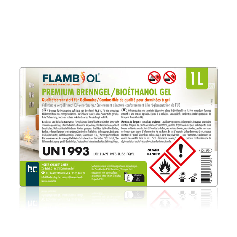 1 L FLAMBIOL® Premium Brenngel aus Bioethanol für Tischfeuer in Flaschen