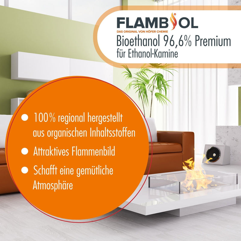 20 L FLAMBIOL® Bioethanol 96,6% Premium für Ethanolkamin in Kanistern - Höfer Chemie GmbH