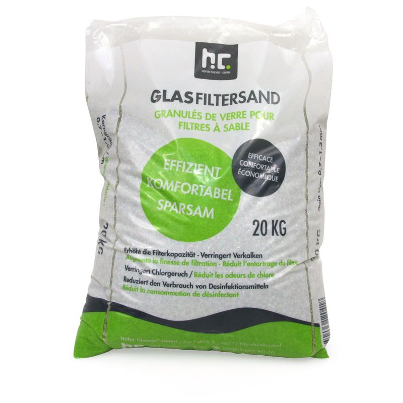 20 kg de granulés de verre fin spécial pour filtres à sable, granulométrie de 0,7 à 1,3 mm
