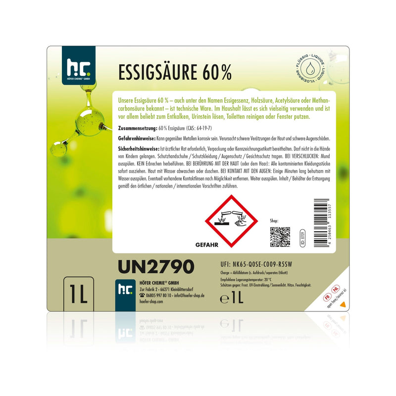 1 L Höfer Chemie® Essigsäure 60% in Flaschen - Höfer Chemie GmbH