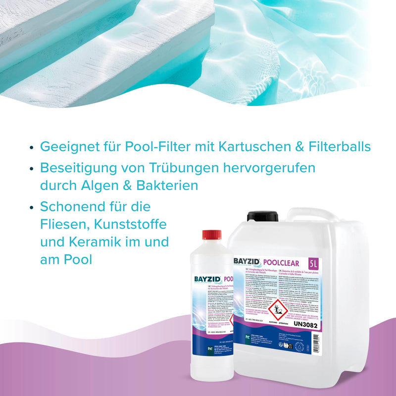 5 L BAYZID® Poolclear - Trübungsbeseitigung für Pool-Filter mit Kartuschen & Filterballs - Höfer Chemie GmbH