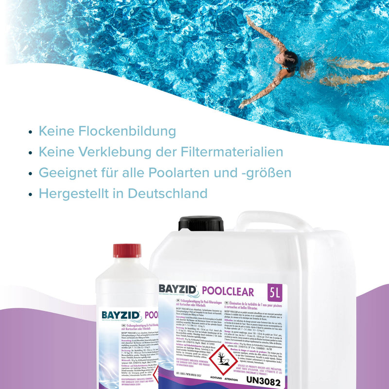 1 L BAYZID® Poolclear - Trübungsbeseitigung für Pool-Filter mit Kartuschen & Filterballs - Höfer Chemie GmbH