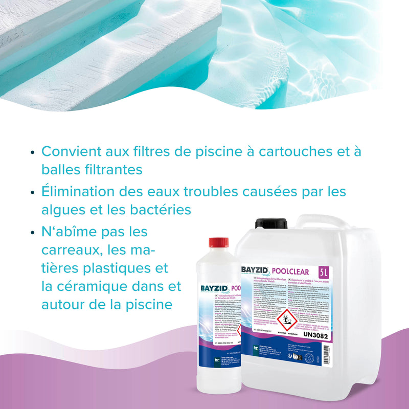 5 L BAYZID® Poolclear - Trübungsbeseitigung für Pool-Filter mit Kartuschen & Filterballs - Höfer Chemie GmbH