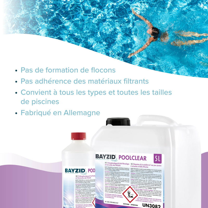 5 L BAYZID® Poolclear - Trübungsbeseitigung für Pool-Filter mit Kartuschen & Filterballs - Höfer Chemie GmbH