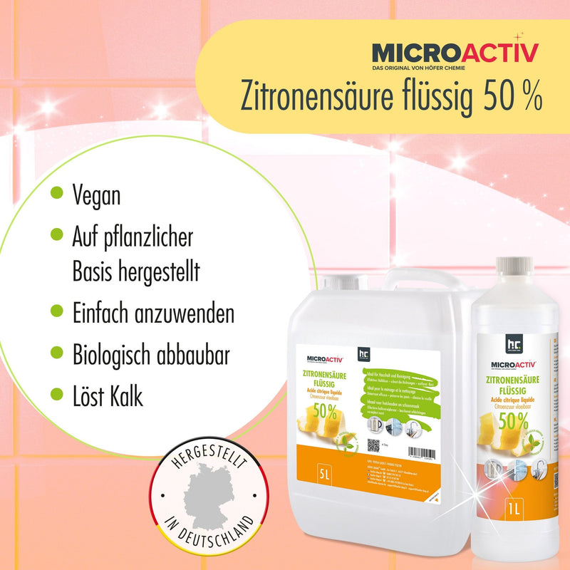 1 L Microactiv® Zitronensäure 50% flüssig Entkalker in Flaschen - Höfer Chemie GmbH